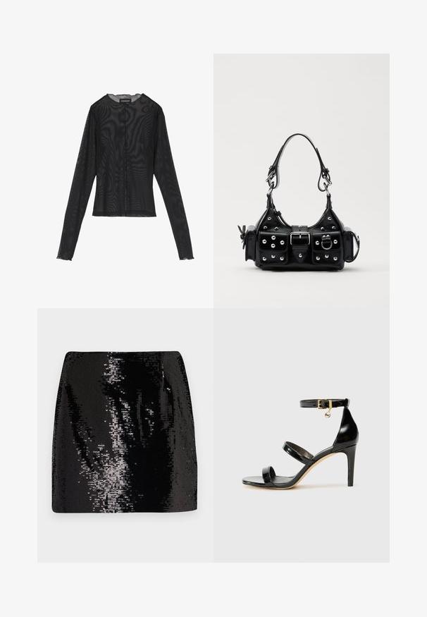 Black long-sleeve top made of sheer fabric, featuring a round neckline, front button closure, and scalloped edges at the cuffs.; Black sequin mini skirt with a fitted design, high waist, and glossy texture, featuring reflective surface details and a sleek silhouette.; Black patent leather sandal with three straps, ankle buckle, and 4-inch stiletto heel. Features gold hardware detail and logo charm.; Black leather handbag with a curved design, featuring silver studs, a buckle, and two side pockets. Adjustable strap for carrying options.