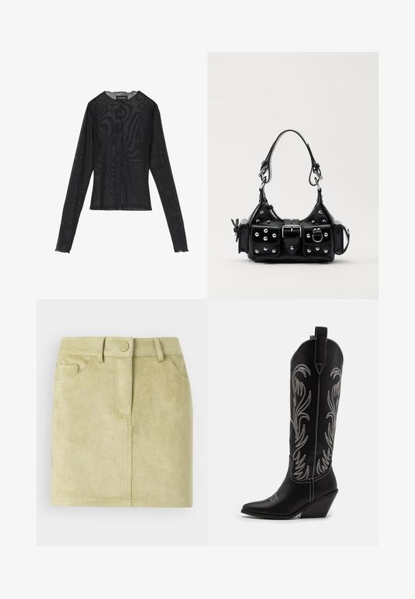 Black long-sleeve top made of sheer fabric, featuring a round neckline, front button closure, and scalloped edges at the cuffs.; Suede mini skirt in light green. Features a fitted waist, two front pockets, and a front closure with a round button. Soft texture.; Black leather cowboy boots with pointed toes, wedge heels, and silver embroidered floral patterns along the shaft. Contrast stitching throughout.; Black leather handbag with a curved design, featuring silver studs, a buckle, and two side pockets. Adjustable strap for carrying options.