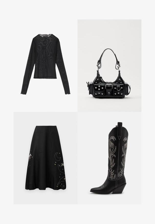 Top preto de manga longa feito de tecido transparente, apresentando um decote redondo, fecho de botões na frente e bordas em forma de onda nas mangas.; Saia preta com bordados coloridos de estrelas, uma lua e uma personagem. Design em A, tecido suave, comprimento até ao joelho, com um brilho subtil.; Botas de cowboy em couro preto com bicos pontiagudos, saltos em cunha e padrões florais bordados em prata ao longo do cano. Costura de contraste por toda a parte.; Bolsa de couro preta com um design curvado, apresentando tachas prateadas, uma fivela e dois bolsos laterais. Alça ajustável para opções de transporte.