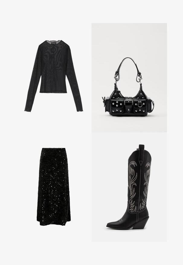 Zwarte lange mouw top gemaakt van doorzichtig materiaal, met een ronde halslijn, een knoopsluiting aan de voorkant en golvende randen bij de mouwen.; Zwarte maxi rok van sequins, met een rechte silhouette en een elastische tailleband. Glanzend, textuur oppervlak met reflecterende sequins overal.; Zwarte leren cowboylaarzen met spitse neuzen, wiggenhakken en zilver geborduurde bloemmotieven langs de schacht. Contrasterende stiksels overal.; Zwarte lederen handtas met een gebogen ontwerp, voorzien van zilveren studs, een gesp en twee zijvakken. Verstelbare schouderband voor verschillende draagmogelijkheden.