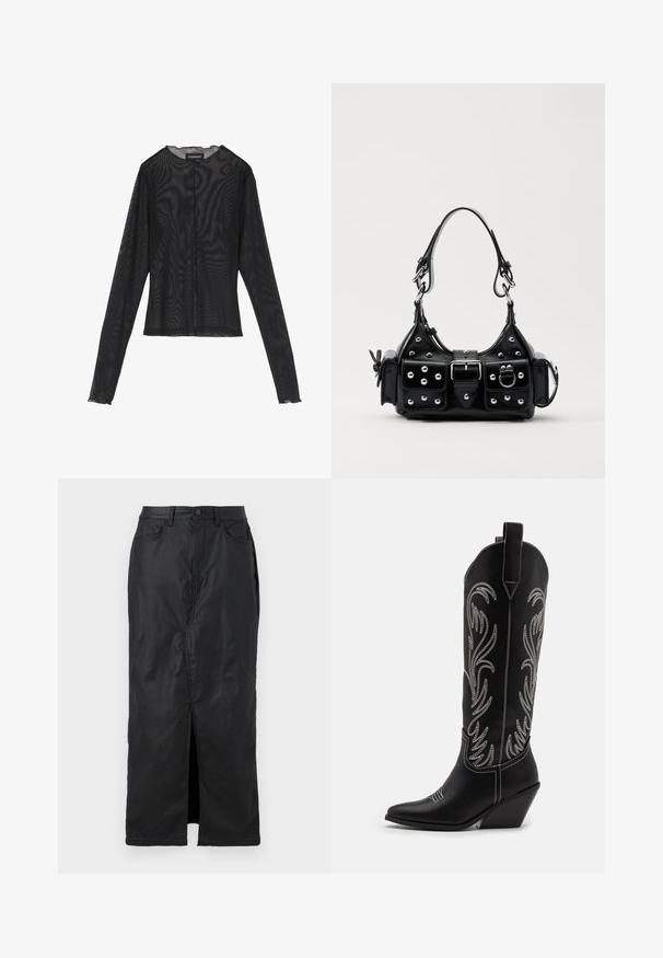 Μαύρο μπλουζάκι με μακριά μανίκια φτιαγμένο από διάφανη ύλη, διαθέτοντας στρογγυλή λαιμόκοψη, μπροστινό κλείσιμο με κουμπιά και κυματιστές άκρες στις μανσέτες.; Μαύρη τζιν φούστα με εμπρόσθια σχισμή, πέντε τσέπες και κλείσιμο με κουμπί. Λείο υλικό με ορατές ραφές και μεσαίου μήκους κόψιμο.; Μαύρες δερμάτινες καουμπόικες μπότες με μυτερούς δείκτες, πέλματα τύπου wedge και ασημένια κεντημένα λουλούδια κατά μήκος του κορμού. Αντίθετη ραφή παντού.; Μαύρη δερμάτινη τσάντα χειρός με καμπύλο σχεδιασμό, που διαθέτει ασημένιους στρόφους, κούμπωμα και δύο πλευρικές τσέπες. Ρυθμιζόμενος ιμάντας για επιλογές μεταφοράς.