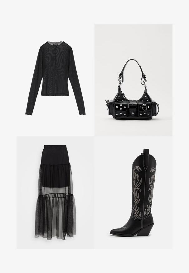 Black long-sleeve top made of sheer fabric, featuring a round neckline, front button closure, and scalloped edges at the cuffs.; Black layered skirt featuring a sheer, textured lower section, an elastic waistband, and a flowing design. Composed of lightweight materials.; Black leather cowboy boots with pointed toes, wedge heels, and silver embroidered floral patterns along the shaft. Contrast stitching throughout.; Black leather handbag with a curved design, featuring silver studs, a buckle, and two side pockets. Adjustable strap for carrying options.
