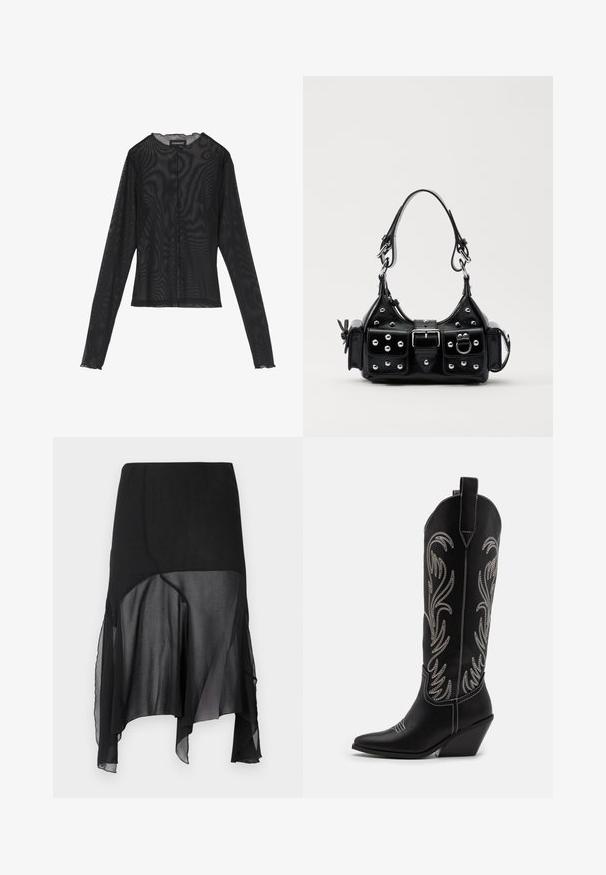 Musta pitkähiha toppe, joka on valmistettu läpikuultavasta kankaasta. Siinä on pyöreä pääntie, etupainikkeet ja sahalaitaiset reunat hihoissa.; AVAVAV DRAPED SKIRT - A-linjainen hame - black; Mustat nahkasaappaat cowboy-tyyliin, joissa on terävät varpaat, viistot korot ja hopeiset brodeeratut kukkakuviot varressa. Eroava ompelu koko saappaassa.; Musta nahkainen käsilaukku, jossa on kaareva muotoilu, hopeiset niitit, solki ja kaksi sivutaskua. Säädettävä olkahihna erilaisiin kantovaihtoehtoihin.