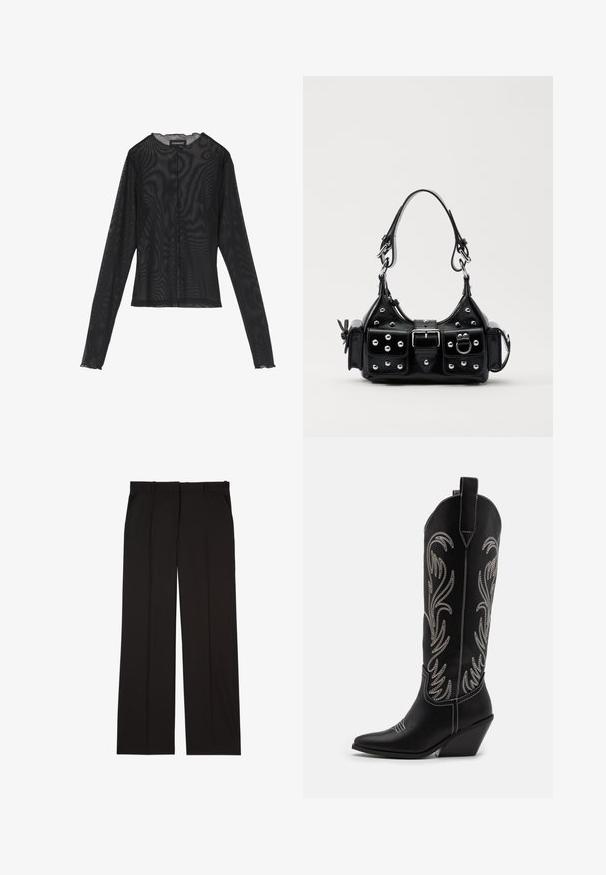 Bluză neagră cu mâneci lungi, realizată din țesătură transparentă, cu un gât rotund, închidere cu butoane pe față și margini de tip evazat la manșete.; Pantaloni negri, croiți, confecționați dintr-un material neted, cu un design drept și două buzunare laterale. Construcție elegantă și minimalistă.; Bocanci de cowboy din piele neagră, cu vârfuri ascuțite, toc wedge și modele florale brodate cu fir argintiu de-a lungul tijei. Cusături în contrast pe întreaga suprafață.; Geantă de piele neagră cu un design curbat, dotată cu studuri argintii, o cataramă și două buzunare laterale. Curea ajustabilă pentru opțiuni de transport.
