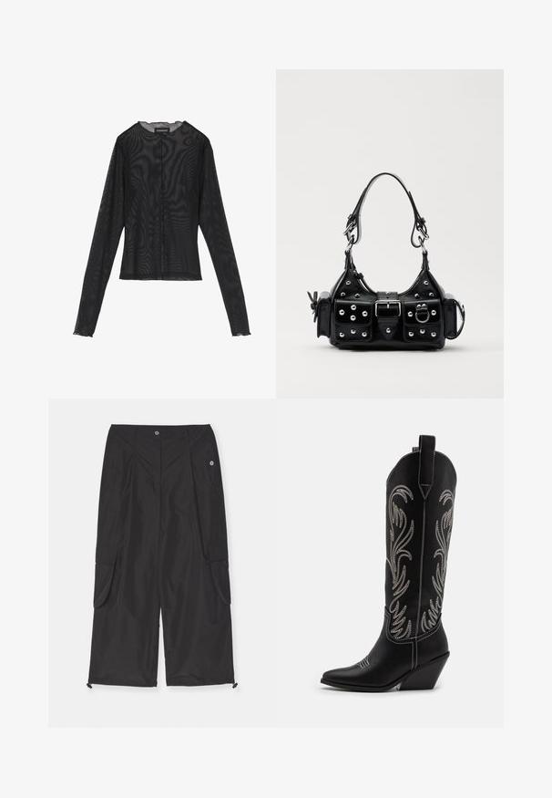 Czarna bluzka z długim rękawem, wykonana z przezroczystego materiału, z okrągłym dekoltem, zapięciem na guziki z przodu oraz falbAniastymi brzegami rękawów.; Czarne spodnie cargo wykonane z lekkiego materiału, wyposażone w boczne kieszenie, regulowany sznurek u dołu oraz zapięcie na guzik.; Czarne skórzane kowbojskie buty z wydłużonymi noskami, obcasem typu koturn oraz srebrnymi haftowanymi wzorami kwiatowymi wzdłuż cholewy. Kontrastowe szwy na całej długości.; Czarna skórzana torebka w zakrzywionym kształcie, z srebrnymi ćwiekami, klamrą i dwoma bocznymi kieszeniami. Regulowany pasek umożliwiający różne opcje noszenia.