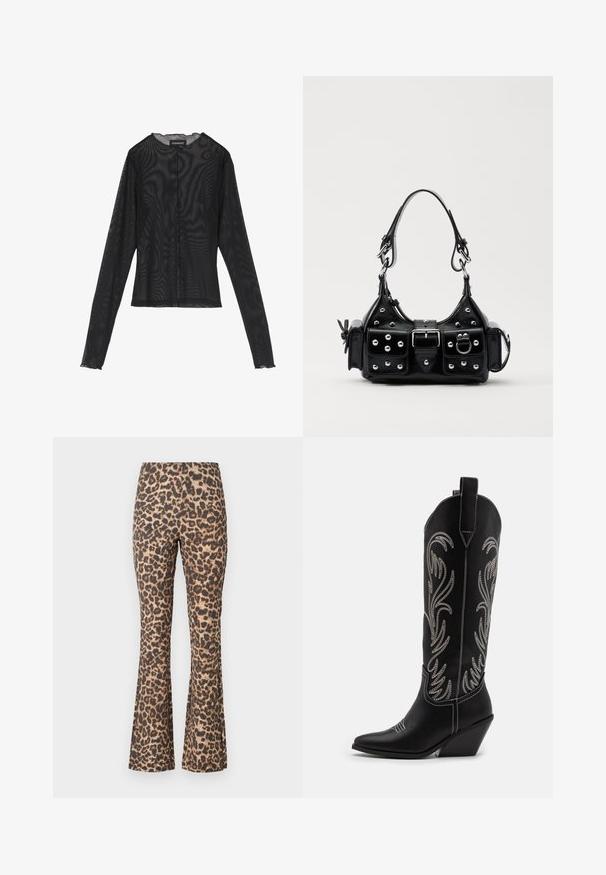 Musta pikkade varrukatega ülemus, mis on valmistatud läbipaistvast kangast, ümmarguse kaeluse, esise nuppluku ja laineliste servadega varrukatel.; Leopardi mustriga flared püksid pruunis ja beežis. Pehme kangas, millel on veidi tekstureeritud viimistlus. Omab kõrget vöökohta ja sobivat siluetti üle kogu keha.; Mustad mustad nahast cowboy saapad terava ninaga, vööndkanna ja hõbedaste tikanditega lillemustritega varred. Kontrastõmblused üle kogu.; Must värvi nahast käekott, millel on kaarjas disain, hõbedased nupukesed, kinnitusahe ja kaks külgtaskut. Reguleeritav rihm erinevate kandmisvõimaluste jaoks.