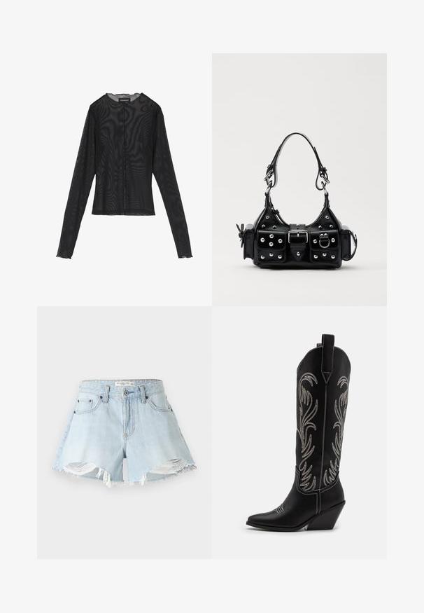 Musta pikkade varrukatega ülemus, mis on valmistatud läbipaistvast kangast, ümmarguse kaeluse, esise nuppluku ja laineliste servadega varrukatel.; Heledasinine denime lühikesed püksid, millel on kulunud pits ja frayed äärtega, klassikaline viie taskuga disain. Sisaldab metallist nööpi ja luku sulgemist.; Mustad mustad nahast cowboy saapad terava ninaga, vööndkanna ja hõbedaste tikanditega lillemustritega varred. Kontrastõmblused üle kogu.; Must värvi nahast käekott, millel on kaarjas disain, hõbedased nupukesed, kinnitusahe ja kaks külgtaskut. Reguleeritav rihm erinevate kandmisvõimaluste jaoks.