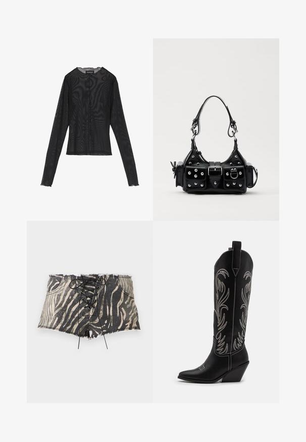 Top nero a maniche lunghe realizzato in tessuto trasparente, con scollatura rotonda, chiusura frontale con bottoni e bordi ondulati ai polsini.; Shorts in denim con stampa zebra nera e beige, con chiusura a lacci, orlo sfrangiato e tasche su entrambi i lati.; Stivali da cowboy in pelle nera con punte affusolate, tacchi a zoccolo e motivi floreali ricamati in argento lungo il gambale. Cuciture a contrasto in tutto lo stivale.; Borsa a mano in pelle nera con design curvo, caratterizzata da borchie argentate, una fibbia e due tasche laterali. Tracolla regolabile per diverse opzioni di trasporto.