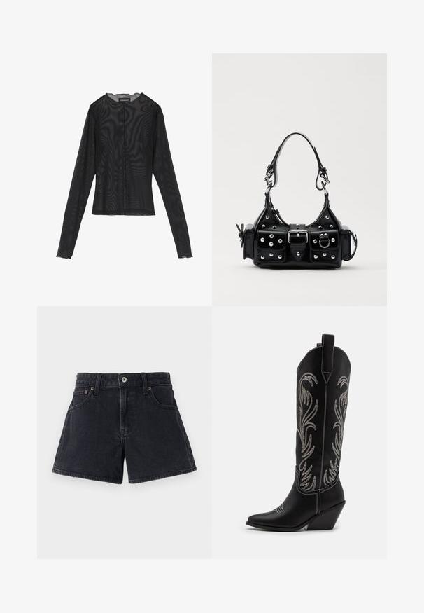 Crni top dugih rukava od prozirnog materijala, s okruglim izrezom, prednjim kopčanjem na gumbe i valovitim rubovima na manžetama.; Crne traper kratke hlače klasičnog kroja, pet džepova, zatvaranje s metalnim gumbom i ujednačenim šavovima. Tkanina ima blago teksturiranu podlogu.; Crne kožne kauboj čizme s šiljastim prstima, klinastim potpeticama i srebrnim izvezenim cvjetnim uzorcima duž osovine. Kontrastni šavovi posvuda.; Crna kožna torba s zakrivljenim dizajnom, koja sadrži srebrne zakovice, kopču i dva bočna džepa. Podesiva traka za različite opcije nošenja.