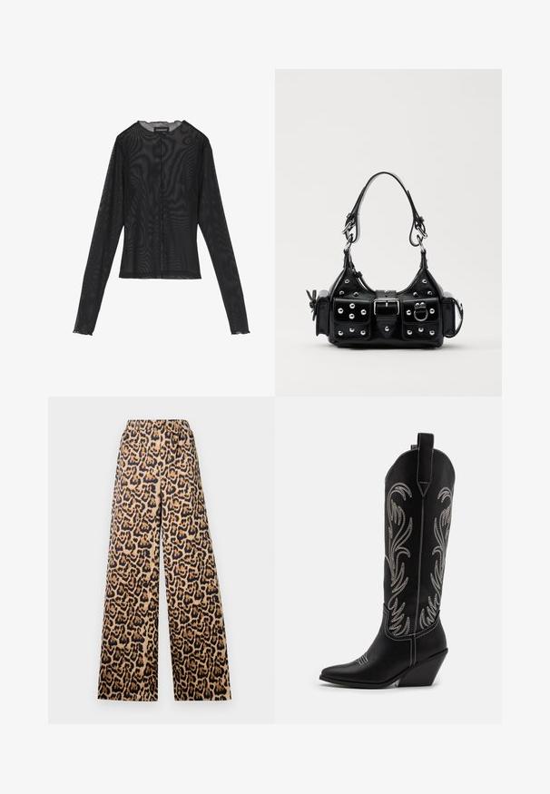 Fekete, hosszúujjú felső áttetsző anyagból, kerek nyakkivágással, elöl gombos záródással és hullámos szegéllyel a mandzsettákon.; Széles lábú leopárdmintás nadrág bézs és fekete színben, rugalmas derékpánttal és sima textúrával.; Fekete bőr cowboy csizmák hegyes orral, wedge sarkakkal és ezüst hímzett virágmintákkal a szár mentén. Kontraszt varrás az egész csizmán.; Fekete bőr kézitáska ívelt designnal, ezüst szegecsekkel, csattal és két oldalsó zsebbel. Állítható vállpánt a hordozási lehetőségekhez.