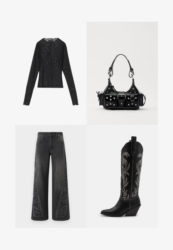Melnā garo piedurkņu blūze, kas izgatavota no caurspīdīga auduma, ar apaļu kakla izgriezumu, priekšējo pogu aizdari un viļņotām malām pie piedurknēm.; Melni, plats kāju džinsi, izgatavoti no denima, ar izsistām izšūtām grafikām sānos un tradicionālu piecu kabatu dizainu.; Melnas ādas kovboju zābakus ar norādītām pirkstiem, sānām paceltu papēdi un sudraba izšūtām ziedu rakstiem gar zābaka kāju. Kontrasta dūrieni visā zābakā.; Melnas ādas rokturmais ar izliekumu, ar sudraba iedurtiem, sprādzi un divām sānu kabatām. Regulējams siksniņas garums dažādām nēsāšanas iespējām.