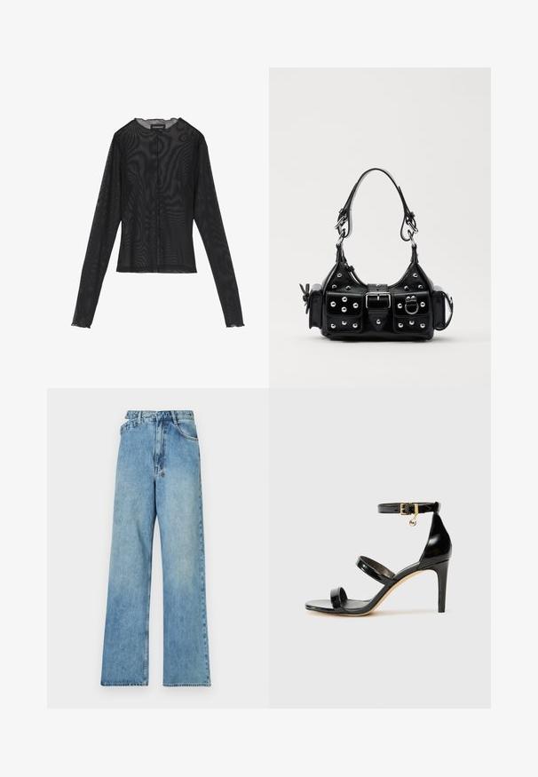 Černý dlouhý rukáv top vyrobený z průsvitné tkaniny, s kulatým výstřihem, předním zapínáním na knoflíky a zvlněnými okraji na manžetách.; Světle modré denimové kalhoty s širokými nohavicemi a středně vysokým pasem, pěti kapsami a zapínáním na knoflíky, s kovovými detaily a vybledlým vzhledem.; Černé lakované kožené sandály se třemi pásky, sponou na kotníku a 10 cm jehlovým podpatkem. Obsahují zlaté kovové detaily a logo přívěsek.; Černá kožená kabelka s křivkovým designem, zdobená stříbrnými hřebíky, s přezkou a dvěma bočními kapsami. Nastavitelný popruh pro různé možnosti nošení.