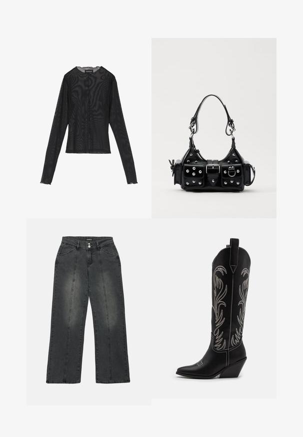 Černý dlouhý rukáv top vyrobený z průsvitné tkaniny, s kulatým výstřihem, předním zapínáním na knoflíky a zvlněnými okraji na manžetách.; Široké džíny z tmavě šedého denimu, s vysokým pasem, dvojitými předními kapsami, středovými švy a jemným vyblednutím na látce.; Černé kožené kovbojské boty s špičatými špičkami, podpatky ve tvaru klínu a stříbrně vyšívanými květinovými vzory po celé délce. Kontrastní prošívání po celém obvodu.; Černá kožená kabelka s křivkovým designem, zdobená stříbrnými hřebíky, s přezkou a dvěma bočními kapsami. Nastavitelný popruh pro různé možnosti nošení.