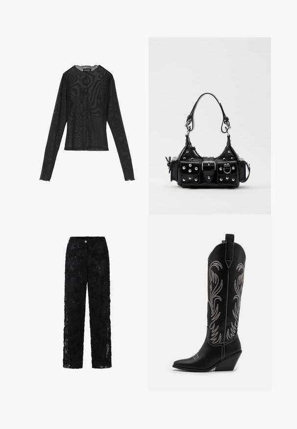 Top noir à manches longues en tissu transparent, avec un col rond, une fermeture à boutons sur le devant et des bords festonnés aux poignets.; Pantalon en dentelle noire avec des motifs floraux et des embellissements, design à jambes droites et fermeture à bouton à l'avant. Texture légère et semi-transparente.; Bottes de cowboy noires en cuir avec des pointes effilées, des talons compensés et des motifs floraux brodés en argent le long du tige. Couture contrastante sur l'ensemble.; Sac à main en cuir noir au design courbé, avec des clous en argent, une boucle et deux poches latérales. Bandoulière réglable pour différentes options de transport.