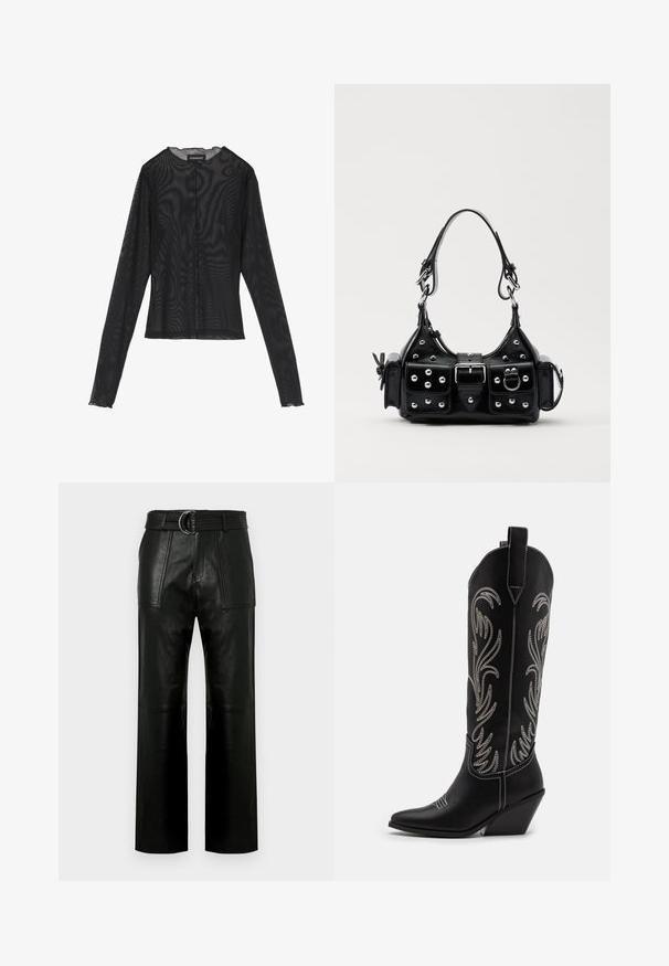 Svart långärmad topp gjord av genomskinligt tyg, med rund halsringning, knappstängning framtill och scallopade kanter vid ärmarna.; Högmidjade svarta läderbyxor med vida ben, stora framfickor och ett matchande bälte med dubbelringbuckle.; Svarta lädercowboystövlar med spetsiga tår, kilklackar och silverbroderade blommönster längs skaftet. Kontraststickning genom hela stöveln.; Svart läderhandväska med en kurvad design, prydd med silverfärgade nitar, ett spänne och två sidofickor. Justerbar rem för olika bäralternativ.