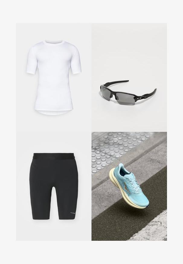 Hvit kortermet prestasjons skjorte laget av elastisk materiale. Har rund hals og flate sømmer for komfort og en tettsittende design.; Sorte treningsshorts laget av elastisk stoff, med en tettsittende design og reflekterende logodetalj på den nedre siden.; Lyseblå løpesko med pustende mesh-overdel, polstret kremfarget mellomsåle og oransje logodetalj på siden. Rundt tådesign.; Sorte sportsbriller med grå linser, en buet rammedesign og logodetaljer på siden. Laget av lett plastmateriale.