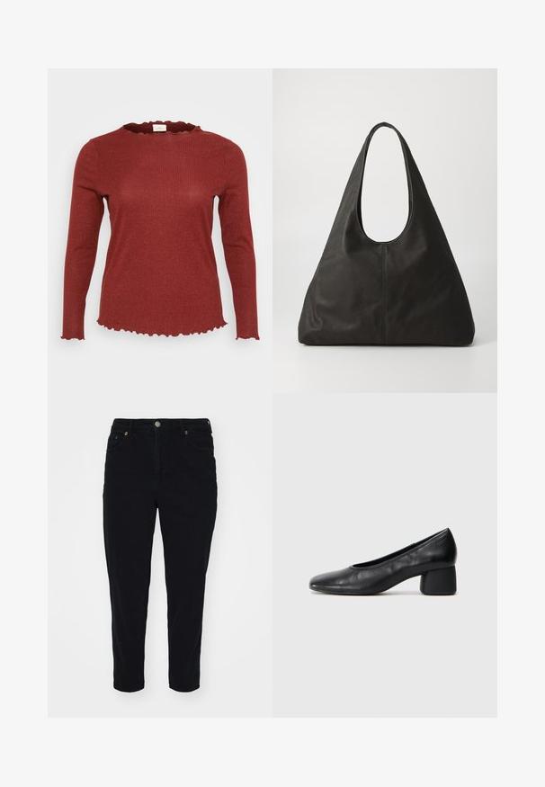 Rød ribbet langermet topp med en bølgete, skjoldformet halslinje og kant, med en myk tekstur og subtile glitrende detaljer.; Sorte denimjeans med rett snitt, frontlommer og metallknapp-lukking. Har en ren finish og subtile sømdetaljer.; Sorte lærpumps med rund tå og mellomstor blokkhæl. Glatt tekstur med minimalt med detaljer, og har en subtil elastisk åpning.; Svart lær totebag med en buet håndtak, langstrakt trekantet form og glatt tekstur. Har et minimalistisk design uten synlig maskinvare.; Sølvmetall øredobber med et bølgete, skulpturelt design, preget av en polert finish og uregelmessige former, som fremhever en moderne estetikk.