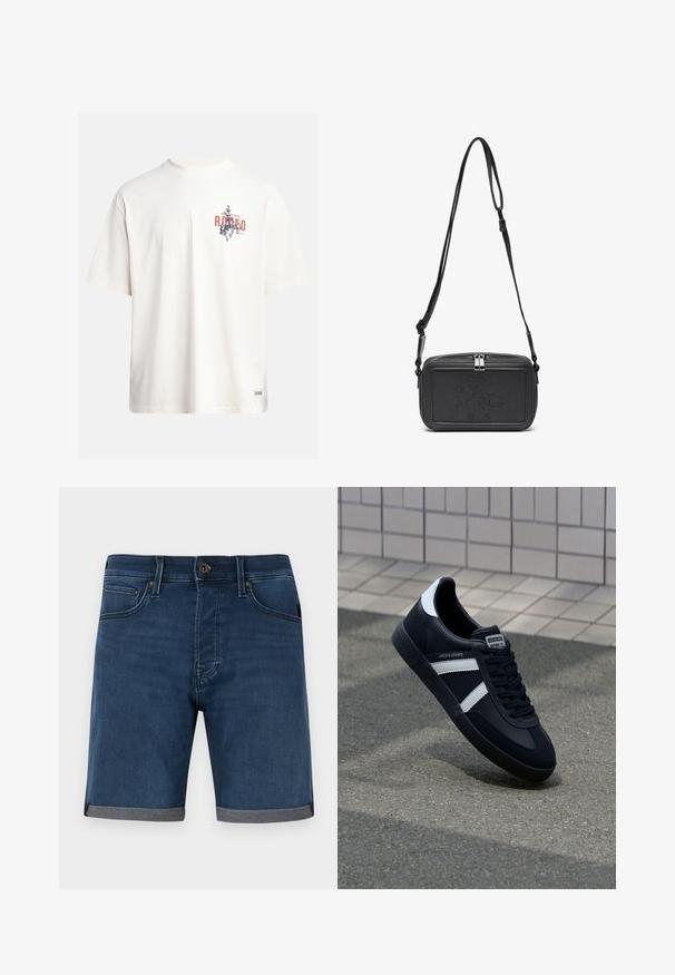 Krém színű, pamut póló rövid ujjakkal és kerek nyakú kivágással. Kék és piros grafikával, szöveggel és motívummal díszített.; Sötétkék farmer rövidnadrág, rolled szürke szegéllyel. Klasszikus öt zsebes dizájn és gombos záródás a derékon.; Fekete bőr sportcipő fehér csíkokkal, textúrált gumitalppal és fűzős elejével. A nyelvén márkás címke található.; Fekete bőrből készült keresztbe hordható táska cipzáras záródással, dombornyomott logóval az elején és állítható pánttal. Simább textúrájú, téglalap alakú.