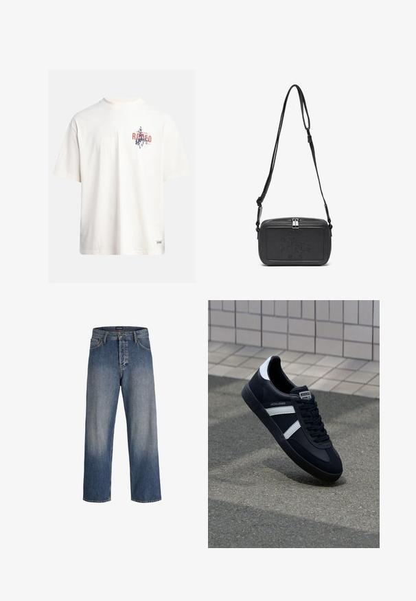 Tricou din bumbac crem, cu mâneci scurte și decolteu rotund. Prezintă un print grafic în nuanțe de albastru și roșu, cu text și un motiv.; Jeanși din denim albastru, cu o croială lejeră, cu un design estompat, cinci buzunare, loop-uri pentru curea, și închidere cu nasture și fermoar.; Sneaker din piele neagră cu dungi albe, talpă din cauciuc texturat și șireturi. Prezintă un eticheta de marcă pe limbă.; Geantă din piele neagră, tip crossbody, cu închidere cu fermoar, logo embosat pe față și curea ajustabilă. Textură netedă și formă rectangulară.