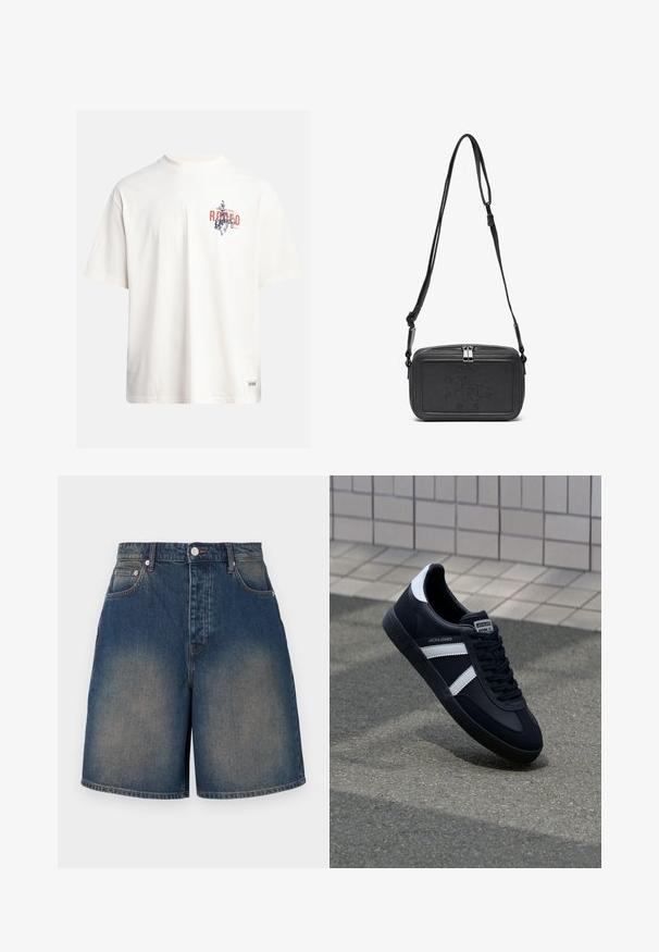 Krém színű, pamut póló rövid ujjakkal és kerek nyakú kivágással. Kék és piros grafikával, szöveggel és motívummal díszített.; Közékkék farmer rövidnadrág, koptatott mosással. Magas derék, öt zseb, és egyenes szárú dizájn jellemzi. Fém gombos zárás.; Fekete bőr sportcipő fehér csíkokkal, textúrált gumitalppal és fűzős elejével. A nyelvén márkás címke található.; Fekete bőrből készült keresztbe hordható táska cipzáras záródással, dombornyomott logóval az elején és állítható pánttal. Simább textúrájú, téglalap alakú.