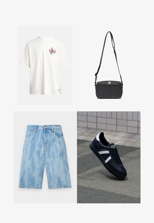 Krēmkrāsas kokvilnas T-krekls ar īsām piedurknēm un apaļu kakla izgriezumu. Ar zilas un sarkanas krāsas grafisku druku, kas ietver tekstu un motīvu.; Gai zilu denima šorti ar izbalinātu mazgāšanu, ar standarta jostasvietu, priekšējām kabatām un brīvu piegriezumu. Nav redzamu rakstu vai detaļu.; Melnā ādas sporta apavi ar baltām svītrām, teksturēta gumijas zole un auklu aizdare. Iekļauj zīmola etiķeti uz mēles.; Melna ādas soma uz pleca ar zīmolu, slēdzamu rāvējslēdzēju un regulējamu siksnu. Gluda tekstūra un taisnstūru forma.