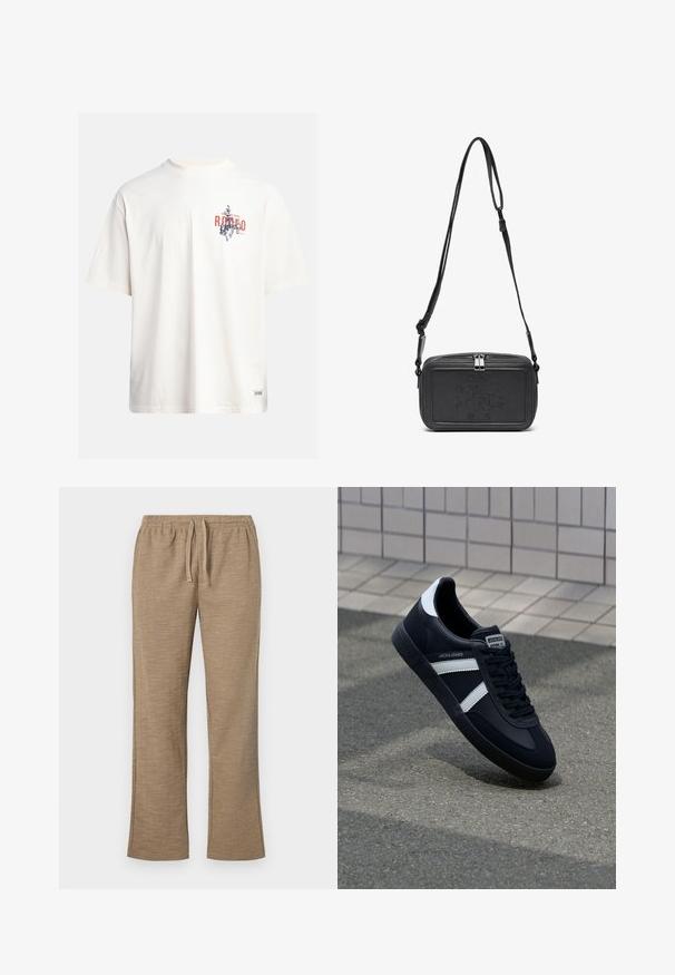 Cream cotton t-shirt with short sleeves and a crew neckline. Features a graphic print in blue and red with text and a motif.; Beige pants with a textured pattern, featuring an elastic waistband with drawstring. Straight leg design with slight flared bottom.; Black leather sneaker with white stripes, textured rubber sole, and lace-up front. Features a branded label on the tongue.; Black leather crossbody bag with a zip closure, embossed logo on the front, and adjustable strap. Smooth texture with a rectangular shape.