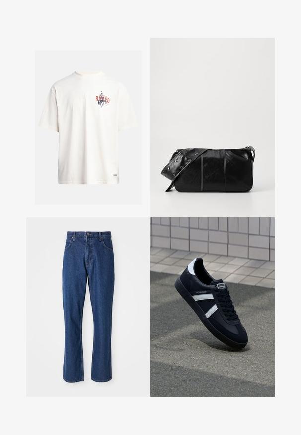 Tricou din bumbac crem, cu mâneci scurte și decolteu rotund. Prezintă un print grafic în nuanțe de albastru și roșu, cu text și un motiv.; Jeanși din denim albastru cu design drept, stil cu cinci buzunare și o talie robustă, dotată cu închidere cu nasture metalic.; Sneaker din piele neagră cu dungi albe, talpă din cauciuc texturat și șireturi. Prezintă un eticheta de marcă pe limbă.; Geantă de umăr din piele neagră cu închidere cu fermoar, având un corp texturat, cusături albe și o curea cu ochiuri argintii.