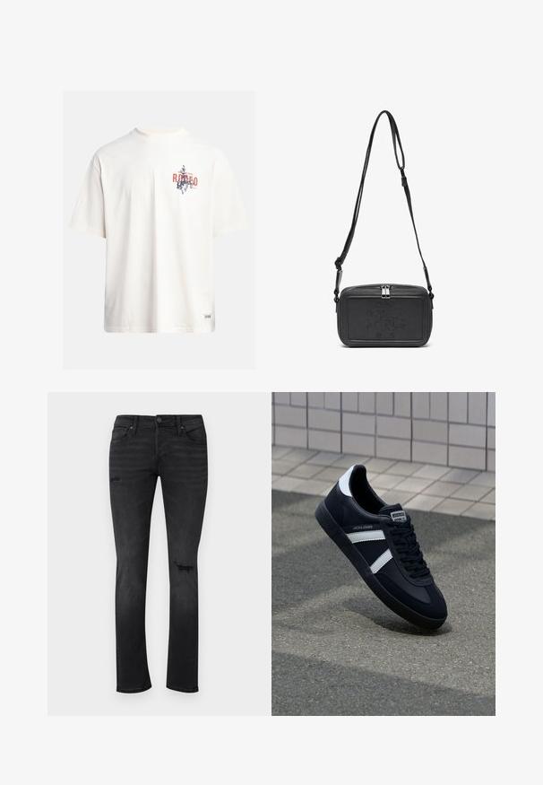 Camiseta de algodón crema con mangas cortas y cuello redondo. Presenta un estampado gráfico en azul y rojo con texto y un motivo.; Jeans de mezclilla negra con corte slim, con áreas desgastadas visibles en las rodillas, cinco bolsillos y cierre de botón y cremallera estándar.; Zapatilla de cuero negra con rayas blancas, suela de goma texturizada y parte frontal con cordones. Cuenta con una etiqueta de marca en la lengüeta.; Bolso cruzado de piel negra con cierre de cremallera, logotipo embossing en el frente y correa ajustable. Textura suave con forma rectangular.