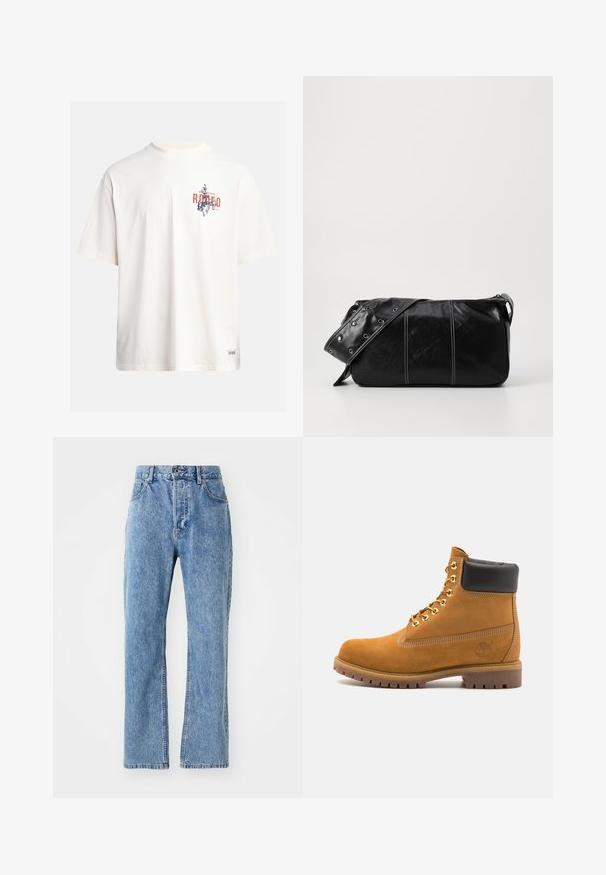 Camiseta de algodão creme com mangas curtas e decote redondo. Apresenta uma estampa gráfica em azul e vermelho com texto e um motivo.; Jeans de ganga azul claro com uma cintura alta, design de perna larga, estilo clássico de cinco bolsos e desbotamento suave ao longo do tecido.; Botim de tornozelo em camurça bege com colarinho acolchoado preto, ilhós de metal dourado, detalhes de costura branca e sola de borracha robusta com sulcos pronunciados.; Bolsa de ombro em couro preto com fecho em zíper, apresentando um corpo texturizado, costura branca e uma alça com ilhós prateados.