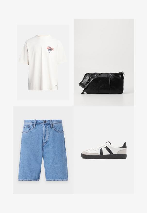 Crème katoenen t-shirt met korte mouwen en een ronde hals. Kenmerkt een grafische print in blauw en rood met tekst en een motief.; Lichtblauwe denim shorts met een klassieke vijfzakkenontwerp, knoopsluiting en rechte pijpen, met een vervaagde textuur en stikselaccenten.; Witte sneaker met zwarte en grijze accenten, voorzien van een grijze neus met textuur, zwarte rubberen zool en platte witte veters. Schoon ontwerp, minimalistische stijl.; Zwarte leren schoudertas met een ritsluiting, voorzien van een gestructureerd lichaam, witte stiksels en een band met zilveren oogjes.