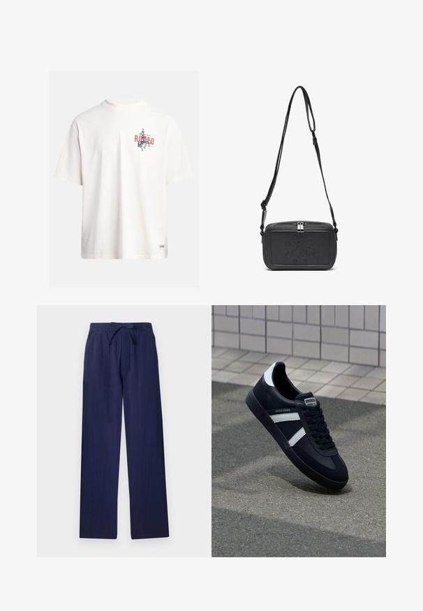 T-shirt in cotone crema con maniche corte e scollatura a girocollo. Presenta una stampa grafica in blu e rosso con testo e un motivo.; Pantaloni blu navy a gamba larga realizzati in tessuto leggero. Presentano una cintura elastica con cordoncino e tasche laterali. Texture liscia.; Sneaker neri in pelle con strisce bianche, suola in gomma texturizzata e allacciatura frontale. Presenta un'etichetta con il marchio sulla linguetta.; Borsa a tracolla nera in pelle con chiusura zip, logo impresso sul davanti e tracolla regolabile. Texture liscia con forma rettangolare.