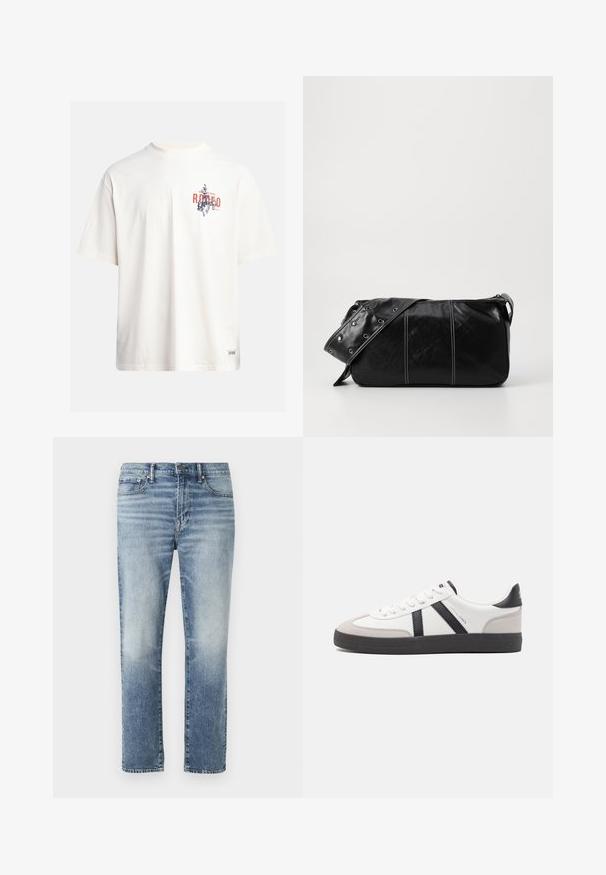 Kreemikollane puuvillane T-särk lühikeste varrukatega ja ümara kaelusega. Omab sinist ja punast graafilist trükist, millel on tekst ja motiiv.; Heledad sinine denim pükste sirge jala disain, millel on kerge pleekimine, tikitud taskud ja nööpide sulgemine.; Valged tossud mustade ja hallide aktsentidega, tekstureeritud halli varbakattega, musta kummitald ja lamedad valged paelad. Puhtad jooned, minimalistlik stiil.; Must mustra nahkainine õlakott, millel on tõmblukk, tekstureeritud pind, valged õmblused ja rihm hõbedaste rõngastega.