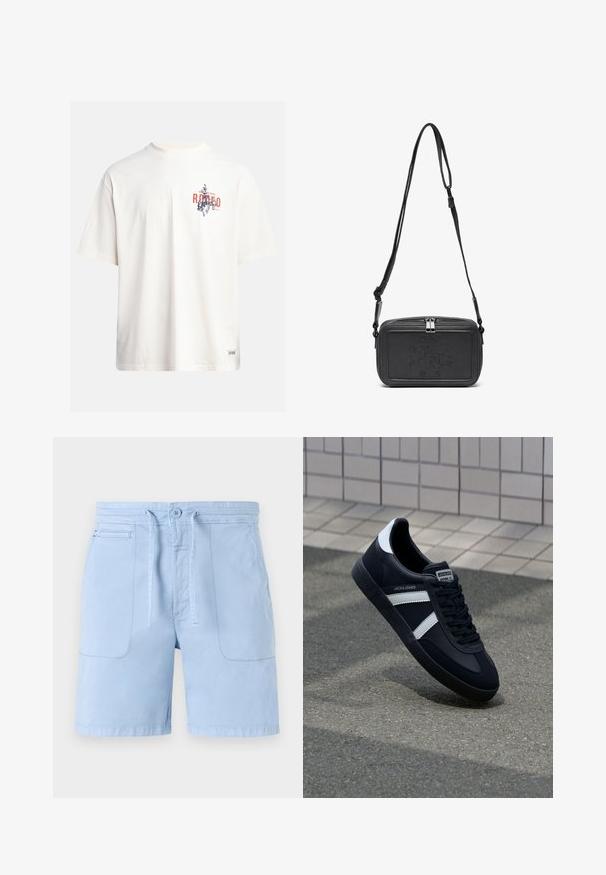 Kremasta pamukasta majica s kratkim rukavima i okruglim izrezom. Ima grafički ispis u plavoj i crvenoj boji s tekstom i motivom.; Svjetloplave kratke hlače od pamuka, s elastičnom trakom u struku, dva prednja džepa i glatkom teksturom. Osnovni dizajn s minimalnim naglascima.; Crne kožne tenisice s bijelim prugama, strukturirana gumena potplate i vezanjem sprijeda. Ima oznaku brenda na jeziku.; Crna kožna torbica preko tijela s patentnim zatvaračem, ugraviranim logotipom sprijeda i podesivim remenom. Glatka tekstura s pravokutnim oblikom.