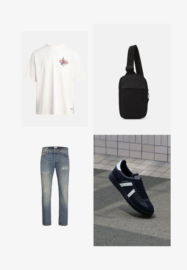 Krēmkrāsas kokvilnas T-krekls ar īsām piedurknēm un apaļu kakla izgriezumu. Ar zilas un sarkanas krāsas grafisku druku, kas ietver tekstu un motīvu.; Gaiši zili denim džinsi ar taisnu kāju dizainu, nolietotām detaļām priekšpusē un klasisku piecu kabatu stilu ar iešūto rāvējslēdzēju.; Melnā ādas sporta apavi ar baltām svītrām, teksturēta gumijas zole un auklu aizdare. Iekļauj zīmola etiķeti uz mēles.; Melnā krusta soma, kas izgatavota no izturīga auduma, ar vienu regulējamu siksnu, ar rāvējslēdzēju galveno nodalījumu un priekšējo kabatu.