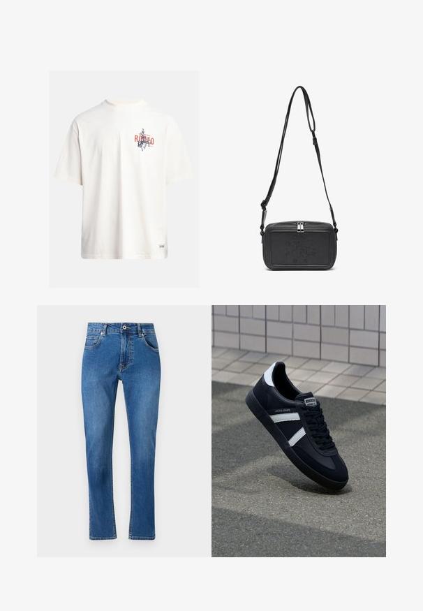 Krém színű, pamut póló rövid ujjakkal és kerek nyakú kivágással. Kék és piros grafikával, szöveggel és motívummal díszített.; Kék farmernadrág, egyenes szárú fazonnal, öt zsebbel és látható varrási részletekkel. Az anyag enyhén kopott. Klasszikus stílus.; Fekete bőr sportcipő fehér csíkokkal, textúrált gumitalppal és fűzős elejével. A nyelvén márkás címke található.; Fekete bőrből készült keresztbe hordható táska cipzáras záródással, dombornyomott logóval az elején és állítható pánttal. Simább textúrájú, téglalap alakú.