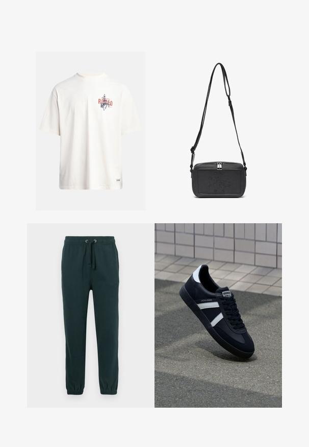 Cremfarbendes Baumwoll-T-Shirt mit kurzen Ärmeln und Rundhalsausschnitt. Verfügt über einen grafischen Druck in Blau und Rot mit Text und Motiv.; Dunkelgrüne Sweatpants mit elastischem Bund, Kordelzug und gerippten Bündchen; verfügt über ein dezentes eingeprägtes Logo auf der Vorderseite.; Schwarze Leder-Sneaker mit weißen Streifen, strukturiertem Gummisohle und Schnürung. Verfügt über ein Markenetikett auf der Zunge.; Schwarze Leder-Crossbody-Tasche mit einem Reißverschluss, geprägtem Logo auf der Vorderseite und verstellbarem Riemen. Glatte Textur mit rechteckiger Form.