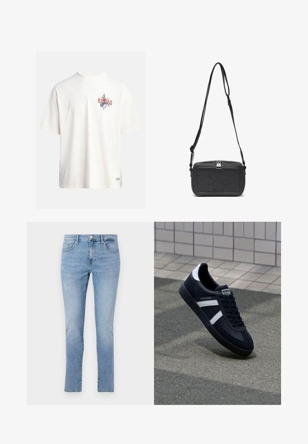 Cream cotton t-shirt with short sleeves and a crew neckline. Features a graphic print in blue and red with text and a motif.; Light blue denim jeans with a straight leg, featuring a distressed design, five-pocket styling, and metal button hardware at the waist.; Black leather sneaker with white stripes, textured rubber sole, and lace-up front. Features a branded label on the tongue.; Black leather crossbody bag with a zip closure, embossed logo on the front, and adjustable strap. Smooth texture with a rectangular shape.