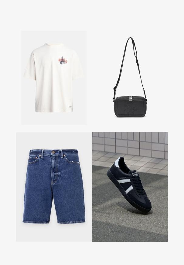 Crème katoenen t-shirt met korte mouwen en een ronde hals. Kenmerkt een grafische print in blauw en rood met tekst en een motief.; Donkere spijkershorts met een klassieke snit, voorzien van een knoopsluiting, vijf zakken en contrasterende oranje stiksels.; Zwarte leren sneaker met witte strepen, een gestructureerde rubberen zool en vetersluiting aan de voorkant. Voorzien van een merklabel op de tong.; Zwarte leren schoudertas met een ritssluiting, reliëflogo aan de voorkant en een verstelbare schouderriem. Gladde textuur met een rechthoekige vorm.