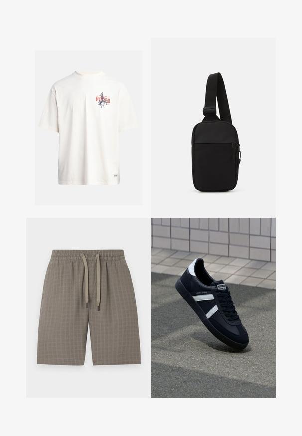 Cremefarvet bomulds t-shirt med korte ærmer og rund halsudskæring. Har et grafisk print i blåt og rødt med tekst og motiv.; Brune, strukturerede shorts med elastisk talje og justerbar snor; har et blødt, let stof og et ternet mønster.; Sort lædersneaker med hvide striber, tekstureret gummisål og snørrebånd foran. Har et brandet mærke på tungen.; Sort crossbody taske lavet af slidstærkt stof, med en enkelt justerbar rem, en lynlåset hovedrum og en frontlomme.