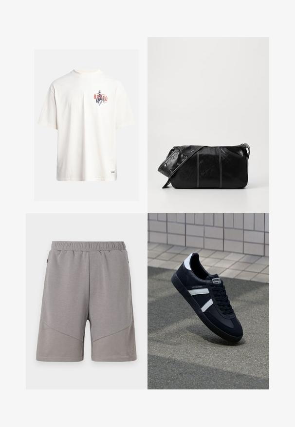 Tricou din bumbac crem, cu mâneci scurte și decolteu rotund. Prezintă un print grafic în nuanțe de albastru și roșu, cu text și un motiv.; Pantaloni scurți atletici gri, cu un talie elastică, având un panou inferior texturat și o secțiune superioară netedă.; Sneaker din piele neagră cu dungi albe, talpă din cauciuc texturat și șireturi. Prezintă un eticheta de marcă pe limbă.; Geantă de umăr din piele neagră cu închidere cu fermoar, având un corp texturat, cusături albe și o curea cu ochiuri argintii.