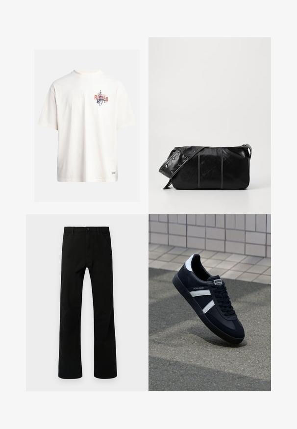 Kreminės spalvos medvilninė marškinė su trumptomis Rankovėmis ir apvaliu iškirpimu. Su grafiniu spausdinimu mėlynos ir raudonos spalvos su tekstu ir motyvu.; Juodos tiesios kojos kelnės su priekinėmis kišenėmis, mygtukų uždarymu ir diržo kilpomis, pateiktos priešais baltą foną.; Juodas odinis sportinis batelis su baltais dryžiais, tekstūruota gumine padais ir raišteliais priekyje. Yra prekės ženklą žymintis etiketė ant liežuvio.; Juodas odinis pečių krepšys su užtrauktuku, turintis tekstūruotą paviršių, baltą siuvinėjimą ir dirželį su sidabinėmis metalinėmis detalėmis.