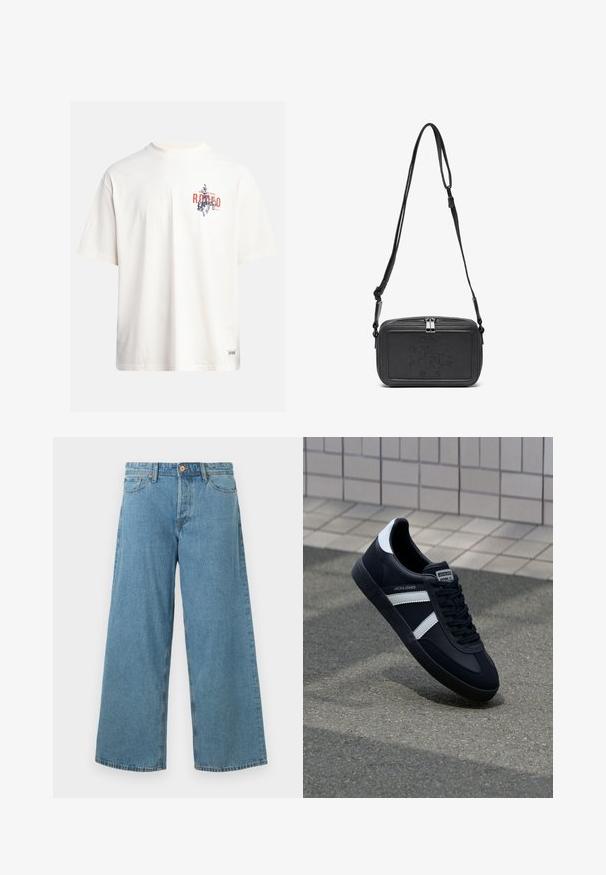 Krémové bavlnené tričko s krátkymi rukávmi a okrúhlym výstrihom. Obsahuje grafický potlač v modrej a červenej farbe s textom a motívom.; Svetlomodré široké džínsy s vysokým pásom, so zapínaním na prednej strane a vreckami, vystavené na jednoduchej bielej pozadí.; Čierne kožené tenisky s bielymi pruhmi, textúrovanou gumovou podrážkou a šnurovaním vpredu. Obsahujú označenie značky na jazyku.; Čierna kožená crossbody taška so zipsom, s embosovaným logom na prednej strane a nastaviteľným popruhom. Hladká textura a obdlžníkový tvar.