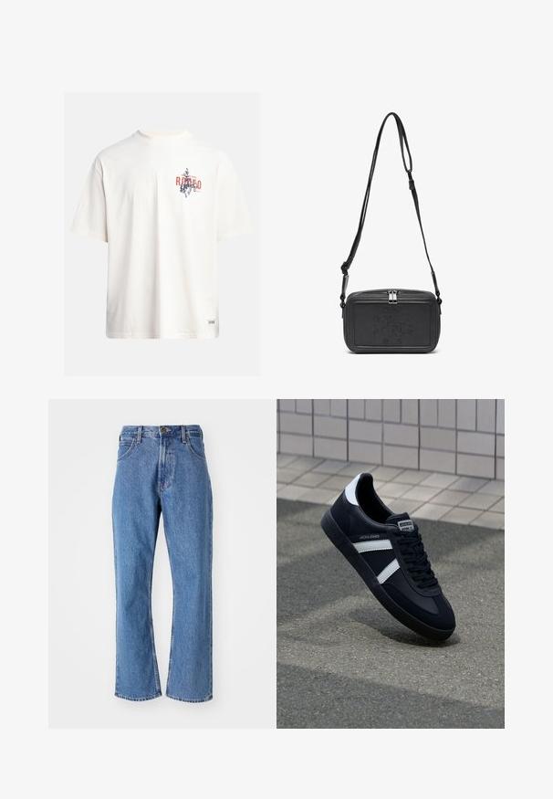 Kreemikollane puuvillane T-särk lühikeste varrukatega ja ümara kaelusega. Omab sinist ja punast graafilist trükist, millel on tekst ja motiiv.; Sinine kõrge vöökohaga sirge säärega teksapüksid, millel on ees taskud, vöösilmad ja nööpidega sulgemine valge taustal.; Must have musta sneaker musta valgete triipudega, tekstuurne kummitald ja nööridega esiosa. Omab bränditud märki keele peal.; Musternast mustriga nahast ristiõlgadega kott, millel on tõmbluku sulgemine, esiküljel on sissepressitud logo ja reguleeritav rihm. Sile tekstuur ja ristkülikukujuline kuju.