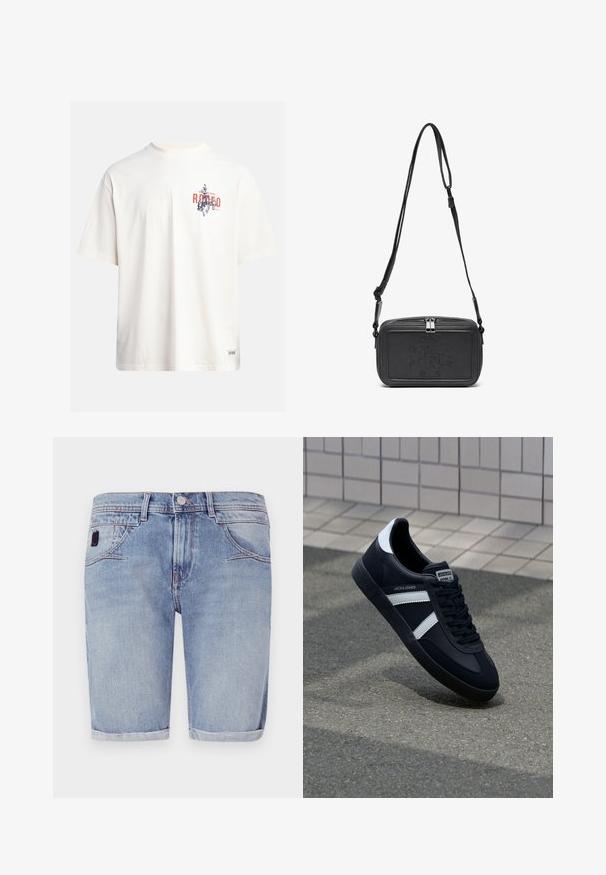 Tricou din bumbac crem, cu mâneci scurte și decolteu rotund. Prezintă un print grafic în nuanțe de albastru și roșu, cu text și un motiv.; Șorturi din denim de culoare albastră deschisă, cu un design drept, tiv rulat și ușor decolorat. Dispun de buzunare frontale și o mică etichetă din material.; Sneaker din piele neagră cu dungi albe, talpă din cauciuc texturat și șireturi. Prezintă un eticheta de marcă pe limbă.; Geantă din piele neagră, tip crossbody, cu închidere cu fermoar, logo embosat pe față și curea ajustabilă. Textură netedă și formă rectangulară.