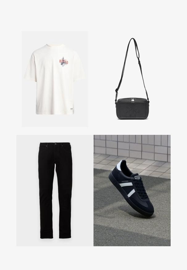 Krēmkrāsas kokvilnas T-krekls ar īsām piedurknēm un apaļu kakla izgriezumu. Ar zilas un sarkanas krāsas grafisku druku, kas ietver tekstu un motīvu.; Melnas džinsu bikses ar taisnu griezumu, kas aprīkotas ar pogu aizdari, pieciem kabatām un smalkiem šuvju detalizējumiem. Gluda tekstūra.; Melnā ādas sporta apavi ar baltām svītrām, teksturēta gumijas zole un auklu aizdare. Iekļauj zīmola etiķeti uz mēles.; Melna ādas soma uz pleca ar zīmolu, slēdzamu rāvējslēdzēju un regulējamu siksnu. Gluda tekstūra un taisnstūru forma.