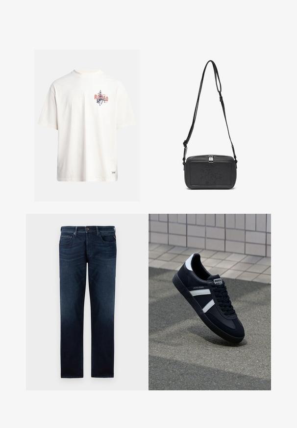 Kremfarget bomulls T-skjorte med korte ermer og rund hals. Har et grafisk trykk i blått og rødt med tekst og et motiv.; Mørkeblå denimjeans med rette ben, femlommerdesign og synlig knappelukking i livet. Glatt tekstur.; Sorte lærersneaker med hvite striper, teksturert gummihæl og snøring foran. Har et merketikett på tungen.; Svart skinn crossover-veske med glidelås, preget logo på fronten og justerbar stropp. Glatt tekstur med rektangulær form.