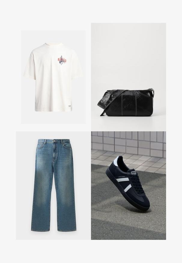 T-shirt in cotone crema con maniche corte e scollatura a girocollo. Presenta una stampa grafica in blu e rosso con testo e un motivo.; Jeans in denim blu con una vestibilità a gamba larga, caratterizzati da un lavaggio sbiadito, design classico a cinque tasche e chiusura con bottone in metallo in vita.; Sneaker neri in pelle con strisce bianche, suola in gomma texturizzata e allacciatura frontale. Presenta un'etichetta con il marchio sulla linguetta.; Borsa a spalla in pelle nera con chiusura a zip, caratterizzata da un corpo testurizzato, cuciture bianche e una tracolla con occhielli in argento.