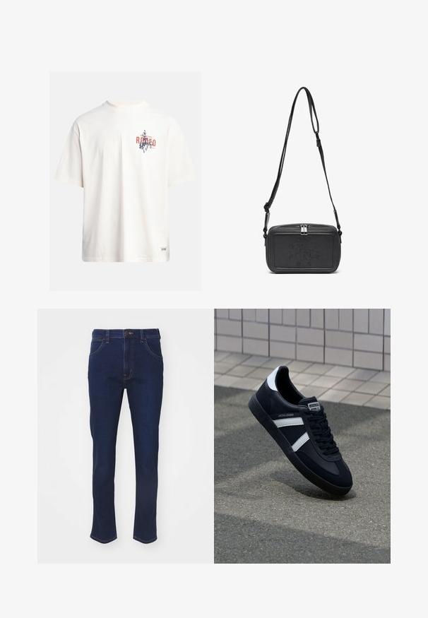 Krémové bavlněné tričko s krátkými rukávy a kulatým výstřihem. Obsahuje grafický potisk v modré a červené barvě s textem a motivem.; Tmavě modré džíny z denimu se straight-leg střihem, pěti kapsami a béžovými švy. Standardní pas s předním zapínáním na knoflík.; Černé kožené tenisky s bílými pruhy, texturovanou gumovou podrážkou a šněrováním vpředu. Obsahují značenou etiketu na jazyku.; Černá kožená taška přes rameno s uzávěrem na zip, vyraženým logem na přední straně a nastavitelným popruhem. Hladký povrch s obdélníkovým tvarem.