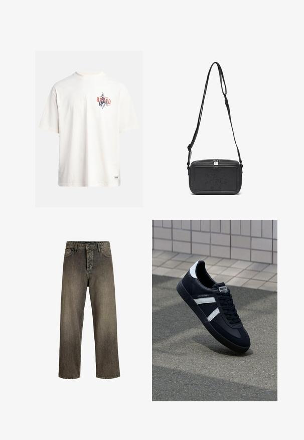 Kerman puuvillane T-särk lühikeste varrukatega ja ümmarguse kaelusega. Omab sinist ja punast graafilist trükist tekstiga ja motiiviga.; Tummanharmaat leveälahkeat farkut, joissa on haalistunut pinta, viisi taskua, napitus ja vyölenkit. Valmistettu kestävästä denimmateriaalista.; Mustat nahkakengät valkoisilla raidoilla, teksturoitu kumipohja ja nauha edessä. Varustettu merkkitarralla kielen päällä.; Musta nahkainen olkalaukku vetoketjulla, etuosassa kohoamalla painettu logo ja säädettävä hihna. Sujuva pinta ja suorakulmainen muoto.