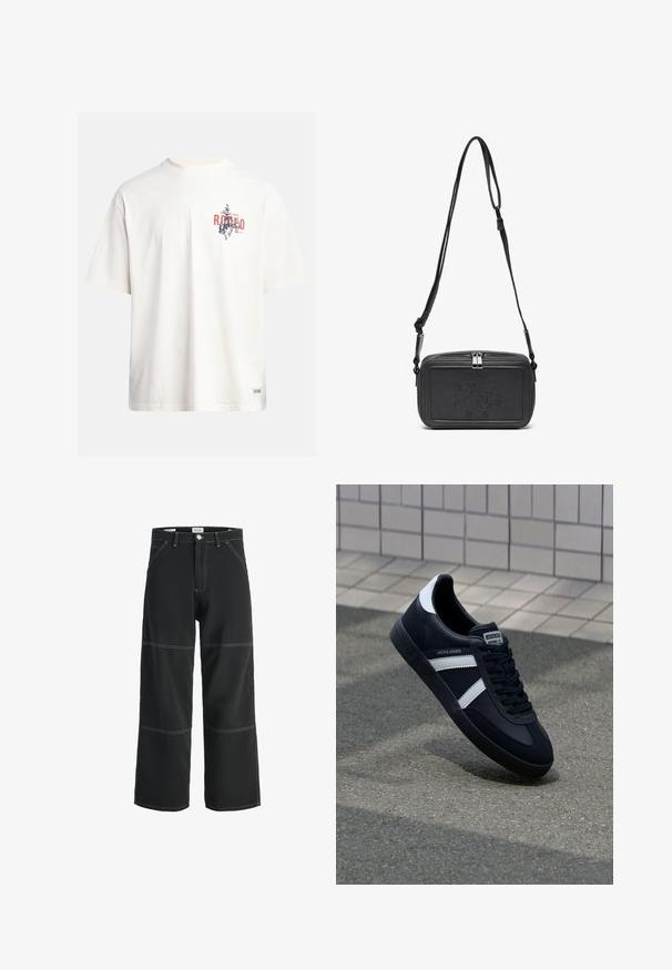 Kreemikollane puuvillane T-särk lühikeste varrukatega ja ümara kaelusega. Omab sinist ja punast graafilist trükist, millel on tekst ja motiiv.; Mustad laiad püksid, mis on valmistatud vastupidavast kangast, koos kontrastse valge õmblusega, kahe ees oleva taskuga ja ühe nupuga vöökoha sulgemisega.; Must have musta sneaker musta valgete triipudega, tekstuurne kummitald ja nööridega esiosa. Omab bränditud märki keele peal.; Musternast mustriga nahast ristiõlgadega kott, millel on tõmbluku sulgemine, esiküljel on sissepressitud logo ja reguleeritav rihm. Sile tekstuur ja ristkülikukujuline kuju.